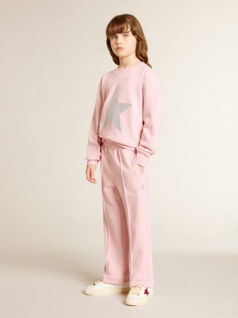 Pink Golden Goose Topwear Selection (4-12 Years) Kids Pink Sweatshirt With Maxi Star In Silver Glitter On The Front - Image 4
