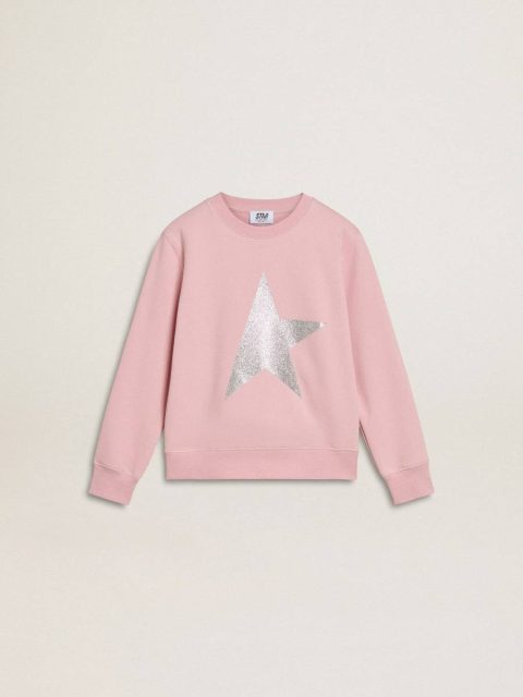 Pink Golden Goose Topwear Selection (4-12 Years) Kids Pink Sweatshirt With Maxi Star In Silver Glitter On The Front