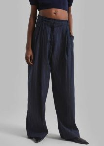 Piper Pleated Trousers - Navy/Beige Pinstripe The Frankie Shop Bottoms Blue Women
