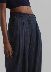 Piper Pleated Trousers - Navy/Beige Pinstripe The Frankie Shop Bottoms Blue Women - Image 3