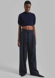 Piper Pleated Trousers - Navy/Beige Pinstripe The Frankie Shop Bottoms Blue Women - Image 4