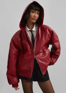 Red The Frankie Shop Women Burnaby Faux Leather Zip-Up Hoodie - Red Outerwear - Image 4