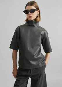 Shiloh Leather Mock Neck Top - Khaki Tops The Frankie Shop Grey Women