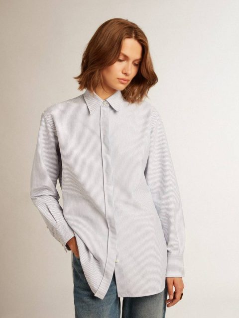 Shirts Golden Goose White And Light Blue Women Women's Shirt With Narrow Stripes - Image 2