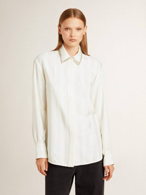 Shirts Women Golden Goose White Women's Shirt With A Vertical Striped Pattern And Crystal Embroidery - Image 2