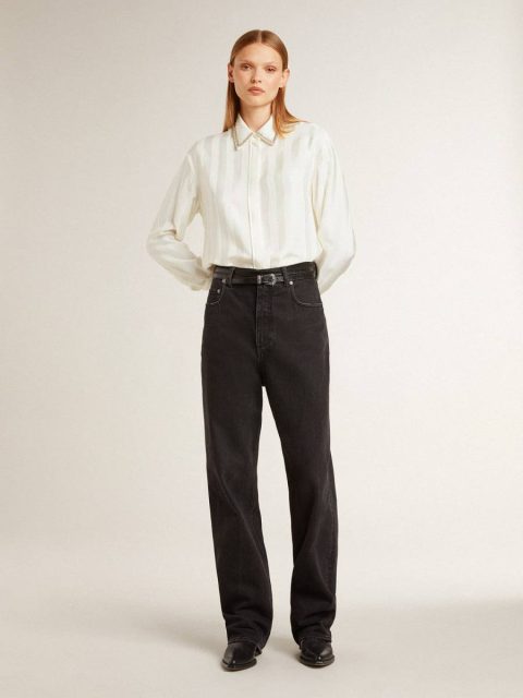 Shirts Women Golden Goose White Women's Shirt With A Vertical Striped Pattern And Crystal Embroidery - Image 3