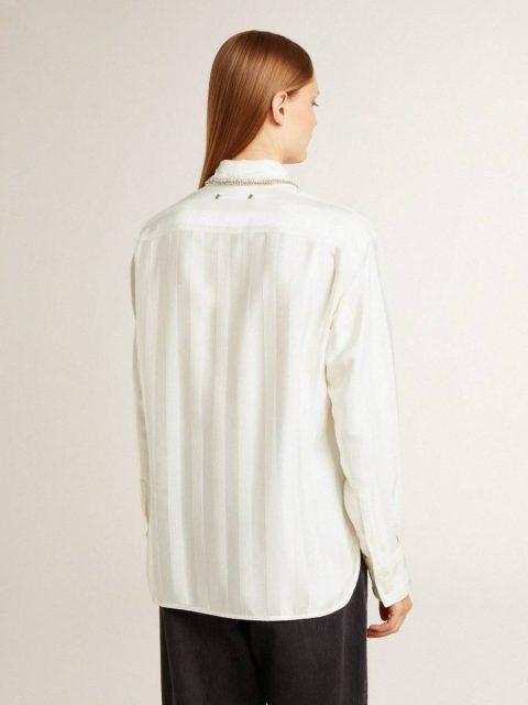 Shirts Women Golden Goose White Women's Shirt With A Vertical Striped Pattern And Crystal Embroidery - Image 4