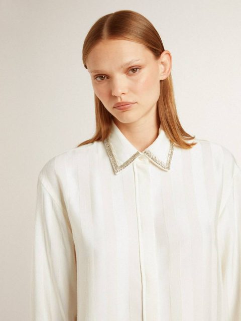 Shirts Women Golden Goose White Women's Shirt With A Vertical Striped Pattern And Crystal Embroidery - Image 5