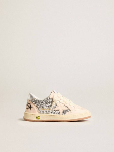 Silver Kids Little Girls (1-3 Years) Golden Goose Junior Ball Star In Glitter With Silver Metallic Leather Heel Tab