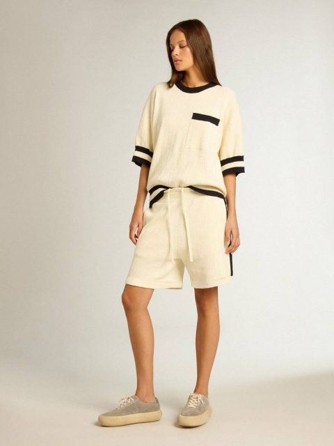 Skirts & Shorts Women Golden Goose Women's Vintage White Shorts With Blue Rib Knit On The Sides Vintage White - Image 3