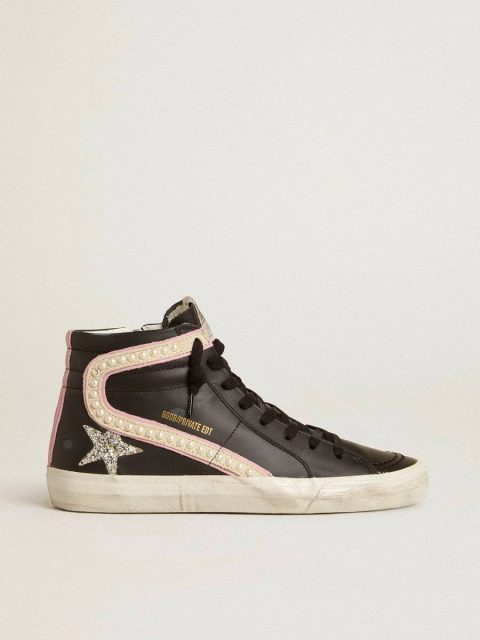 Slide Black Golden Goose Women Slide Ltd With Platinum Glitter Star And Suede Flash With Pearls