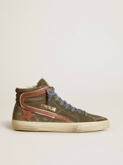 Slide In Gray Suede With Brown Nubuck Star And Flash Golden Goose Slide Men