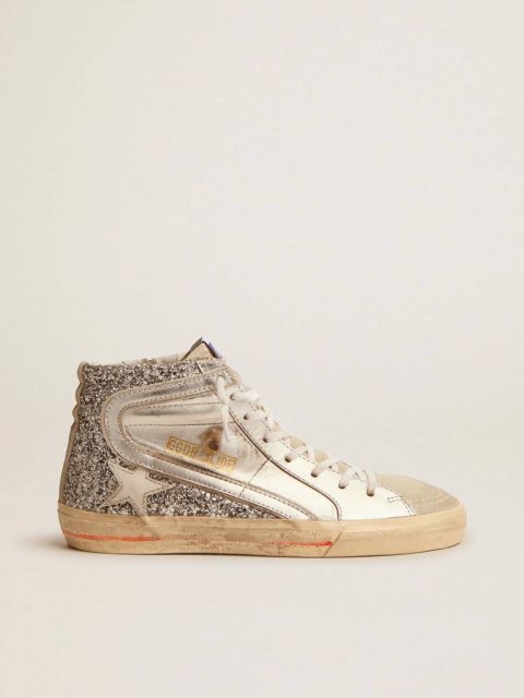 Slide Silver Women Women's Slide With Laminated Leather Upper And Silver Glitter Golden Goose