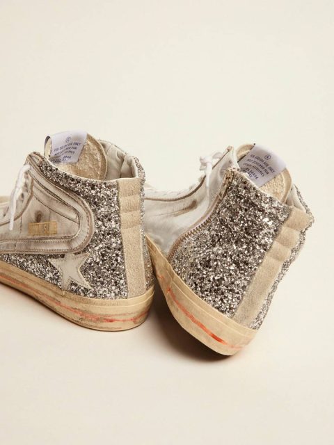Slide Silver Women Women's Slide With Laminated Leather Upper And Silver Glitter Golden Goose - Image 5