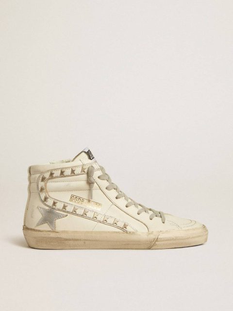 Slide With Silver Metallic Leather Star And Leather Flash With Stars Slide Women Golden Goose Off-White
