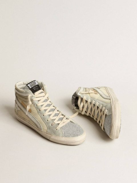 Slide Women Slide In Ivory Nylon With White Leather Star And Silver Swarovski Crystal Tongue Golden Goose - Image 2