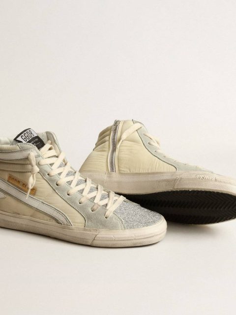 Slide Women Slide In Ivory Nylon With White Leather Star And Silver Swarovski Crystal Tongue Golden Goose - Image 3