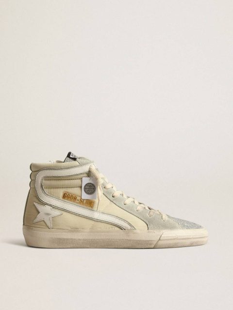 Slide Women Slide In Ivory Nylon With White Leather Star And Silver Swarovski Crystal Tongue Golden Goose