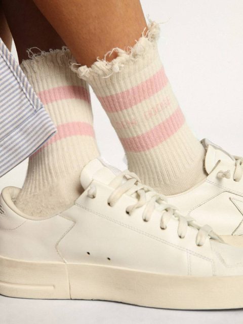 Socks Distressed-Finish White Socks With Baby-Pink Logo And Stripes Women Papyrus White Golden Goose - Image 3