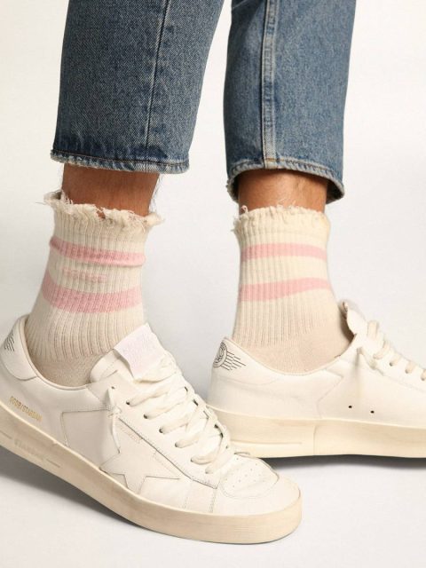 Socks Distressed-Finish White Socks With Baby-Pink Logo And Stripes Women Papyrus White Golden Goose - Image 4