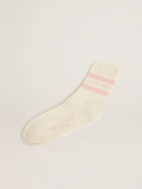 Socks Distressed-Finish White Socks With Baby-Pink Logo And Stripes Women Papyrus White Golden Goose