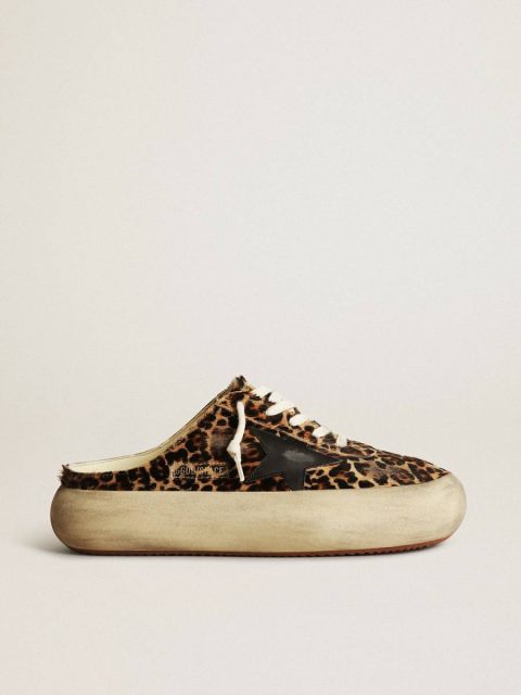 Space-Star Golden Goose Women Women's Space-Star Sabot In Leopard Print Pony Skin With Black Star
