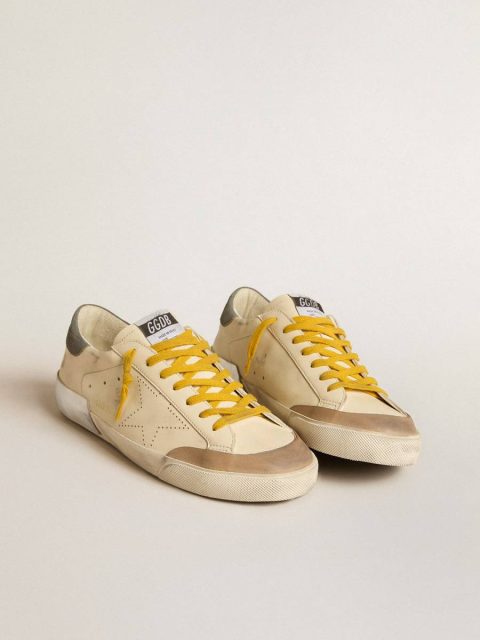 Super-Star Cream Men Golden Goose Men's Super-Star In Leather With Perforated Star And Gray Suede Heel Tab - Image 2