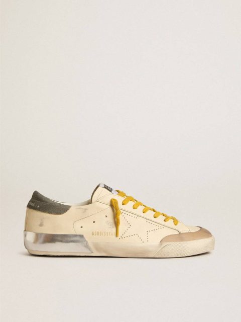 Super-Star Cream Men Golden Goose Men's Super-Star In Leather With Perforated Star And Gray Suede Heel Tab