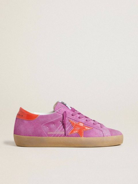 Super-Star Golden Goose Super-Star In Fuchsia Suede With Fluorescent Orange Laminated Leather Star And Heel Tab Women