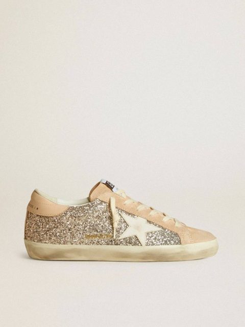 Super-Star Golden Goose Women Women’s Super-Star In Silver Glitter With Leather Star And Heel Tab