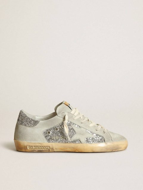 Super-Star Golden Goose Women's Super-Star In Silver Glitter With Ice-Gray Star And Inserts Women