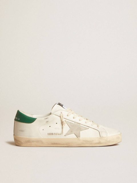 Super-Star In White Leather With Ice-Gray Suede Star And Green Leather Heel Tab Men Golden Goose Super-Star