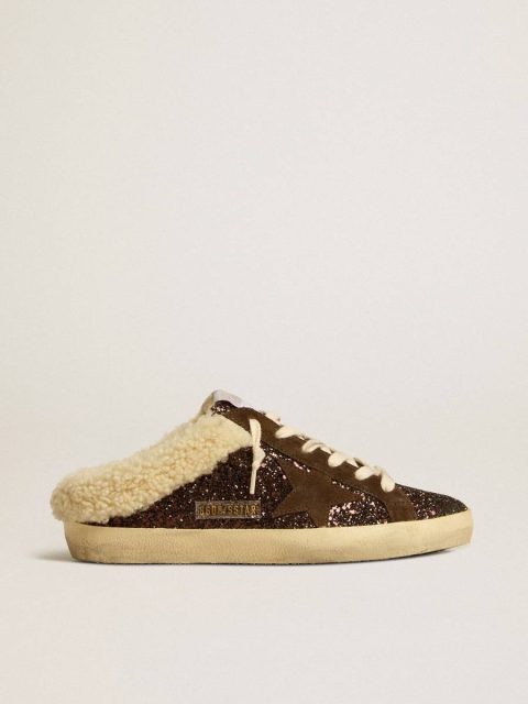 Super-Star Sabots In Glitter With Brown Star And Shearling Lining Women Super-Star Sabot Golden Goose