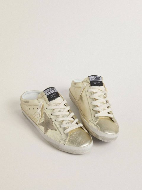 Super-Star Sabots In Platinum Foiled Leather With Beige Suede Star Super-Star Sabot Golden Goose Women - Image 2