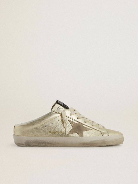 Super-Star Sabots In Platinum Foiled Leather With Beige Suede Star Super-Star Sabot Golden Goose Women