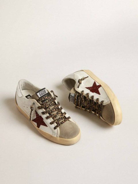 Super-Star With Burgundy Glitter Star And Silver Heel Tab White Women Golden Goose Super-Star - Image 2
