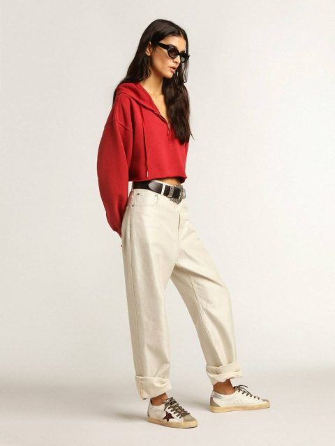 Super-Star With Burgundy Glitter Star And Silver Heel Tab White Women Golden Goose Super-Star - Image 3