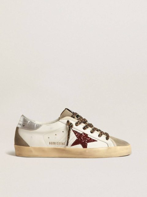 Super-Star With Burgundy Glitter Star And Silver Heel Tab White Women Golden Goose Super-Star