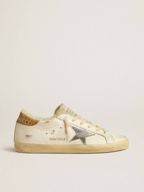 Super-Star With Silver Leather Star And Crocodile-Print Leather Heel Tab White Women Super-Star Golden Goose