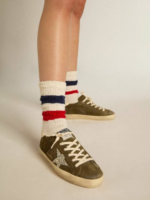 Super-Star Women Women’s Super-Star In Green Suede With Glitter Star And Cream Heel Tab Golden Goose - Image 3