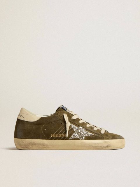 Super-Star Women Women’s Super-Star In Green Suede With Glitter Star And Cream Heel Tab Golden Goose