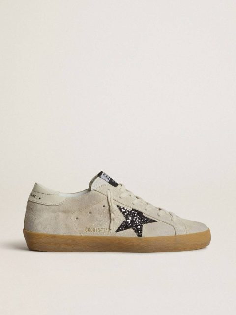 Super-Star Women Women's Super-Star In Ice-Gray Suede With Silver Glitter Star And Leather Heel Tab Golden Goose