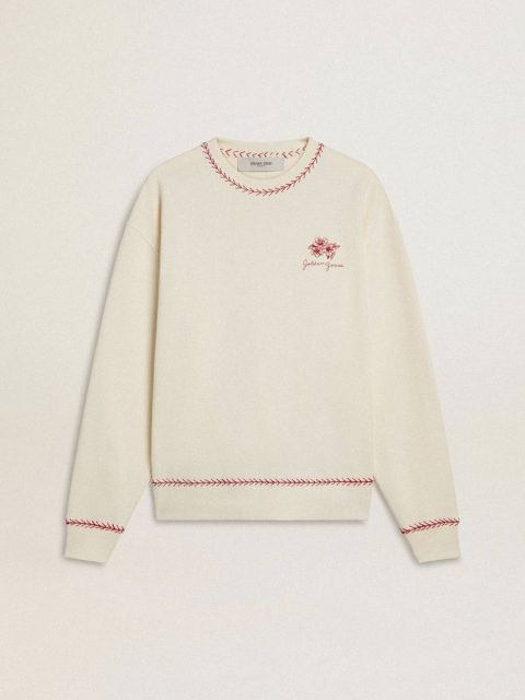 Sweatshirts Women Golden Goose Cny Sweatshirt In Worn-White Cotton With Red Embroidery Worn White