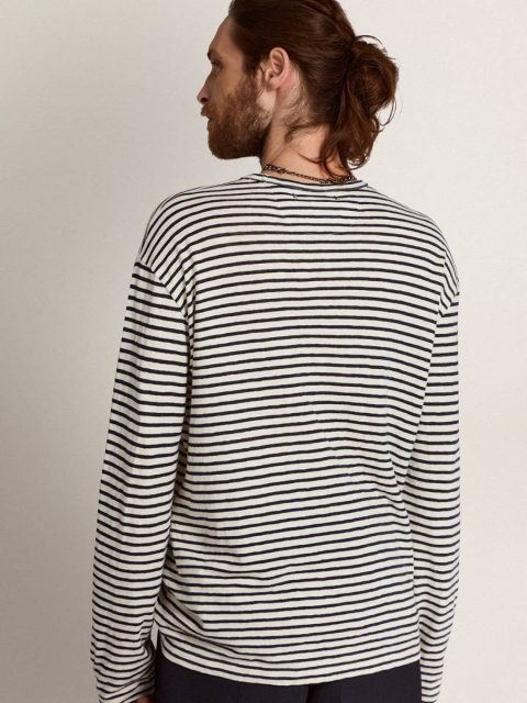 T-Shirts & Polo Shirts Men's T-Shirt With White And Blue Stripes And Embroidery On The Front White And Blue Golden Goose Men - Image 4