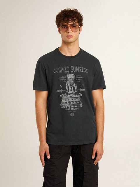 T-Shirts & Polo Shirts White Men’s Worn-Black Cotton T-Shirt With Print On The Front Golden Goose Men - Image 2