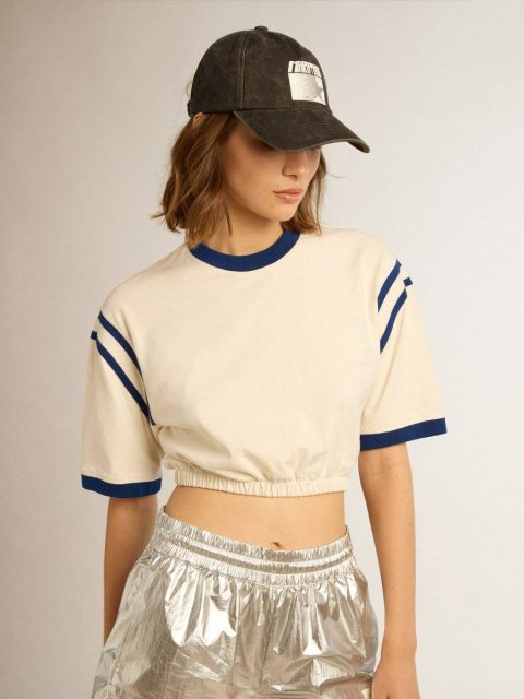 T-Shirts & Tops Aged White Women Golden Goose Aged White Cotton Cropped T-Shirt With Lettering On The Back - Image 2