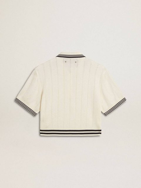 T-Shirts & Tops White Women's Cropped Worn-White Cotton Polo Shirt With Blue Ribbing Women Golden Goose - Image 2