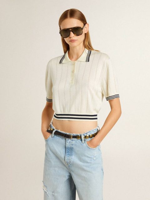 T-Shirts & Tops White Women's Cropped Worn-White Cotton Polo Shirt With Blue Ribbing Women Golden Goose - Image 3