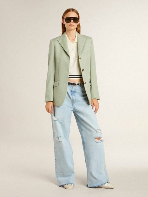 T-Shirts & Tops White Women's Cropped Worn-White Cotton Polo Shirt With Blue Ribbing Women Golden Goose - Image 4