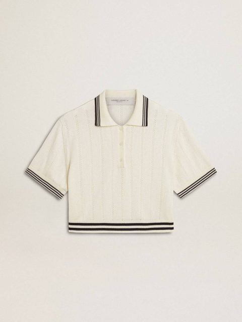 T-Shirts & Tops White Women's Cropped Worn-White Cotton Polo Shirt With Blue Ribbing Women Golden Goose